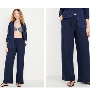 Navy Linen Blend Pants - Wide Leg Petite Length Pants with Pockets NWT